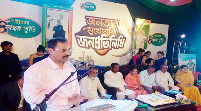 City Mayor AJM Nasir Uddin addressing at the gathering on the occasion of 4th anniversary as a public representative and fifth Council of City Corporation adjacent to the grounds of Mother Bari Ward Office on Saturday.