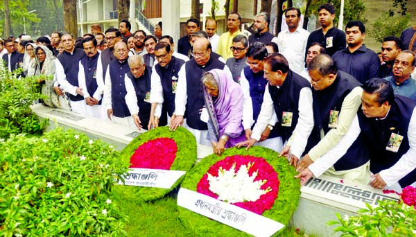 Leaders of Bangladesh Awami League led by party General Secretary Obaidul Quader MP placing wreaths at the graves of four national leaders, marking the Jail Killing Day yesterday.