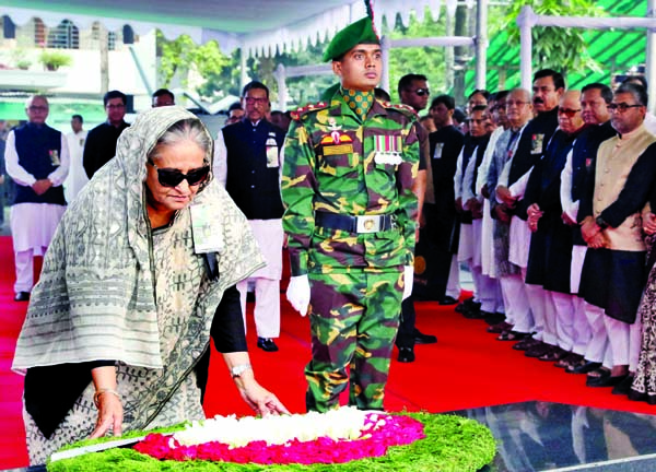 Prime Minister Sheikh Hasina paid rich tributes to the Father of the Nation Bangabandhu Sheikh Mujibur Rahman and four national leaders marking the Jail Killing Day by placing wreaths at the portrait of Bangabandhu in front of Bangabandhu Memorial Mus