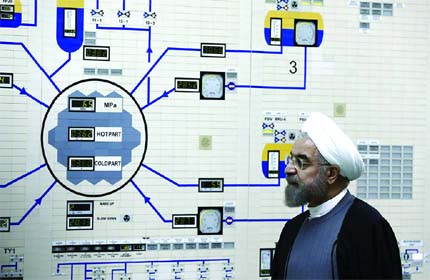 President Hassan Rouhani visits the Bushehr nuclear power plant just outside of Bushehr, Iran. Iran announced Tuesday it would inject uranium gas into 1,044 centrifuges it previously kept empty under its 2015 nuclear deal with world powers.