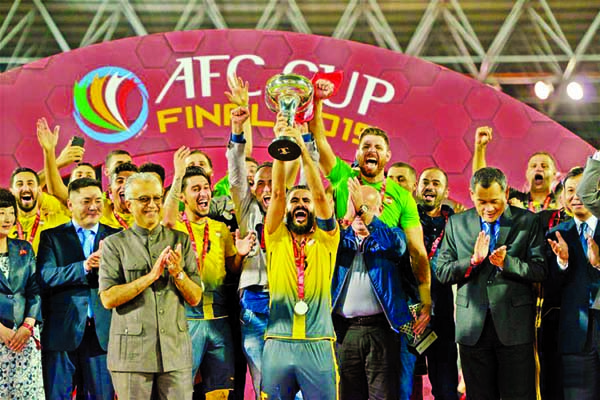 Players of Al Ahed FC celebrate during the awarding ceremony after the AFC Cup final football match between Al Ahed FC of Lebanon and 4.25 SC of Democratic People's Republic of Korea in Kuala Lumpur, Malaysia on Monday.