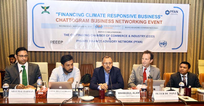 Mahbubul Alam, President, Chattogram Chamber of Commerce and Industry (CCCI) speaking at a discussion meeting on financing climate responsive business organised organised by CCCI and Private Finance Advisory Network(PFAN) at Bnagabandhu Conference Hall