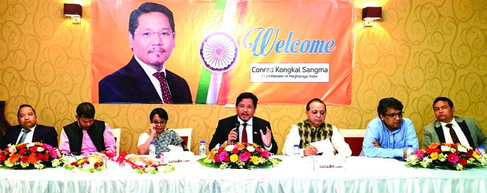 Chief Minister of Indian State of Meghalaya Conrad K. Sangma speaking at a meeting of Meghalaya business delegation with members of India-Bangladesh Chamber of Commerce and Industry (IBCCI) in the city on Wednesday. IBCCI President Abdul Matlub Ahmad, Vic