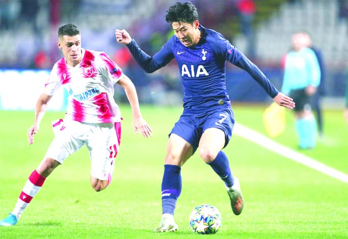 Tottenham Hotspur's Son Heung-min (right) in action with Crvena Zvezda's Mateo Garcia in Belgrade, Serbia on Wednesday.