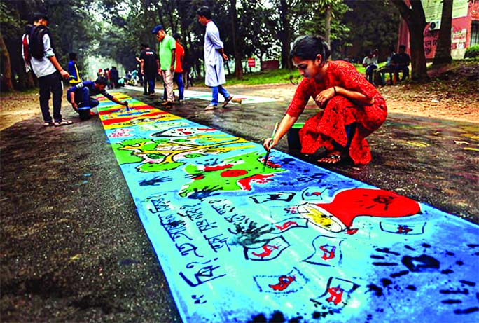 The students of Jahangirnagar University are continuing their protest through scroll painting (Patachitra) on the campus on Friday demanding removal of the university's Vice Chancellor Farzana Islam over her corruption allegations.