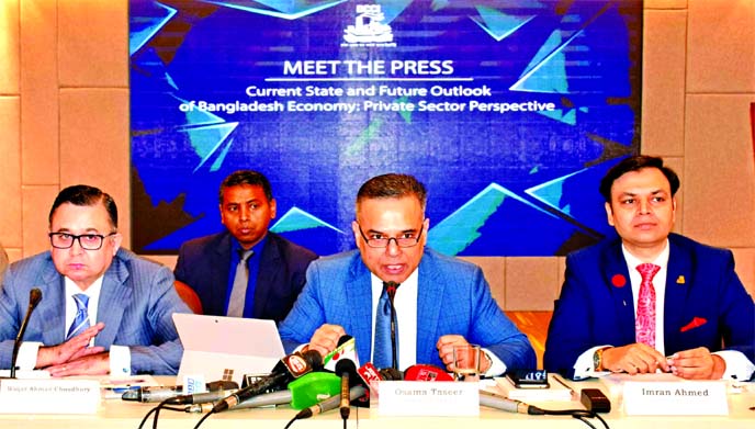 Osama Taseer, President of the Dhaka Chamber of Commerce & Industry (DCCI), speaking at a press briefing to highlight the current economic state of Bangladesh and the issues and challenges of private sector at DCCI on Saturday.