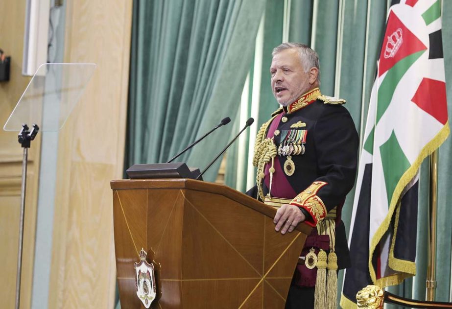 Jordan's King Abdullah II, speaks to Parliament in Amman, Jordan on Sunday,. The king announced "full sovereignty" over two pieces of land leased by Israel, ending a 25-year arrangement spelled out in the countries' landmark peace agreement.