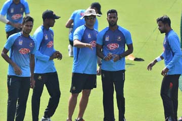 Members of Bangladesh Cricket team during a training session at Holkar Cricket Stadium in Indore on Tuesday ahead of the first Test match between India and Bangladesh.