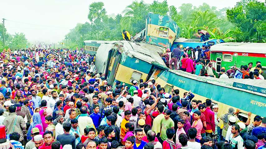 Chattogram-bound intercity train Udayan Express and Dhaka-bound intercity train Turna Nishitha Express collided at Mondobhag Railway Station in Kasba early Tuesday, killing at least 16 people.