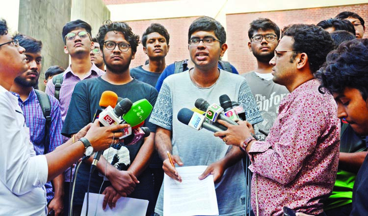 On behalf of agitated BUET students Aniruddha briefing journalists about various demands on BUET student Abrar killing.
