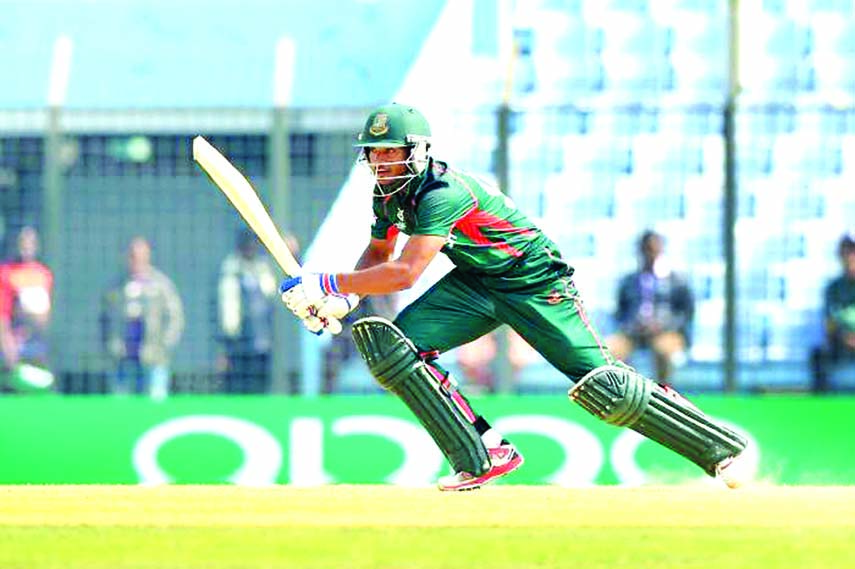 Nazmul Hossain Shanto of Bangladesh Emerging team, in action during the match of the Emerging Teams Asia Cup between Bangladesh Emerging team and India Emerging team at the BKSP Ground in Savar on Saturday.