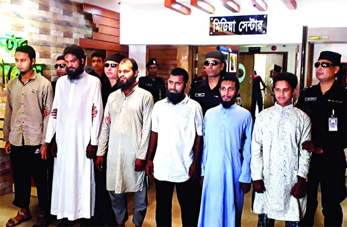 RAB detained six members of Ansar Al Islam while conducting drives in Uttara in Dhaka and Shyamnagar in Satkhira. The photo was taken from RAB media center on Saturday.