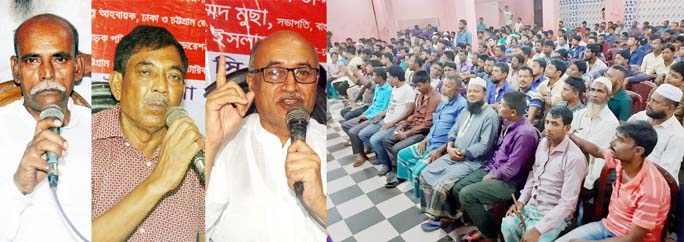 Md Musa, Oli Ahamed and Md Rafiqual Islam , President, General Secretary and Convener of Dhaka and Chattogram Zila CNG Auto- Rickshaw Sramik Oikya Parishad respectively speaking at a representativesâ€™ meeting of the organisation at the Port City r