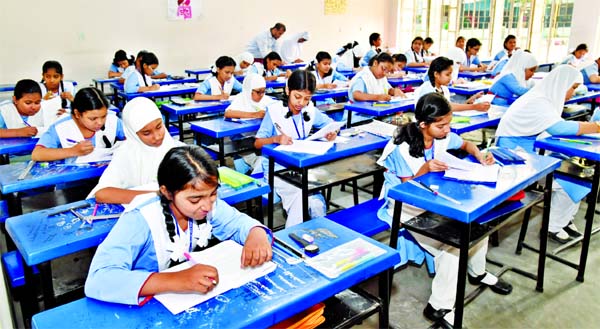 Students seen appeared for the Primary School Certificate Examination, which begun across the country on Sunday. This photo was taken from Viqarunnisa Noon School and College at Siddheswari in Dhaka.