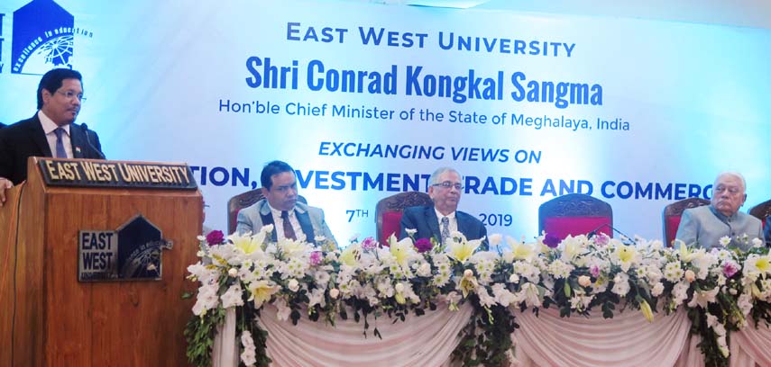 Chief Minister of the State of Meghalaya, India, Conrad K Sangma speaks at an education discussion organized by East West University at Aftabnagar in the city held recently.