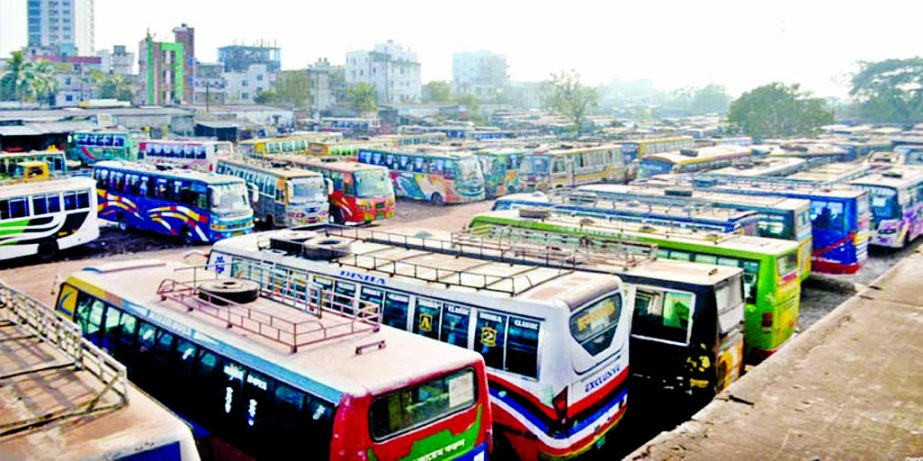 Several hundred buses remains parked at the Khulna Inter District Bus Terminal on Monday as transport workers in the division holted bus services protesting the new Road Transport Act that became effective across the country on Monday.