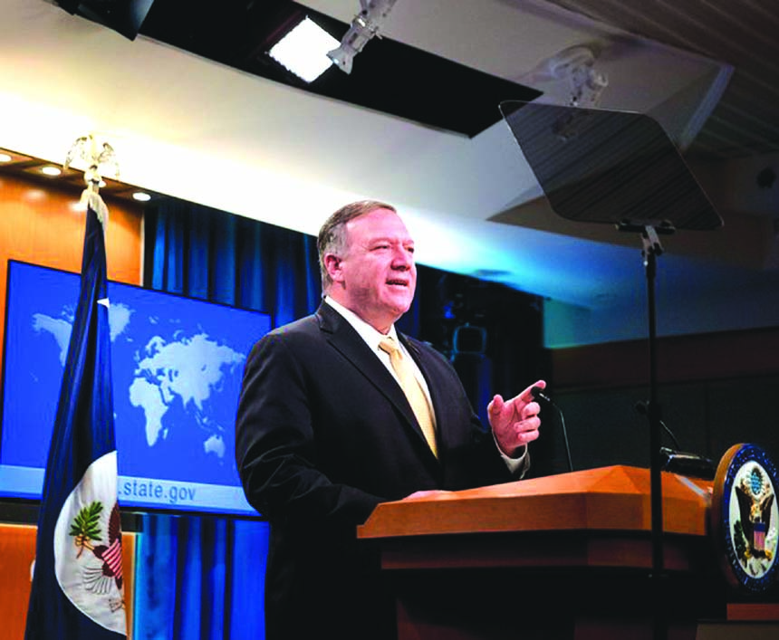 Secretary of State Mike Pompeo speaks at a news conference at the State Department in Washington on Monday. Pompeo spoke about Iran, Iraq, Israeli settlements in the West Bank, protests in Hong Kong, and Bolivia, among other topics.