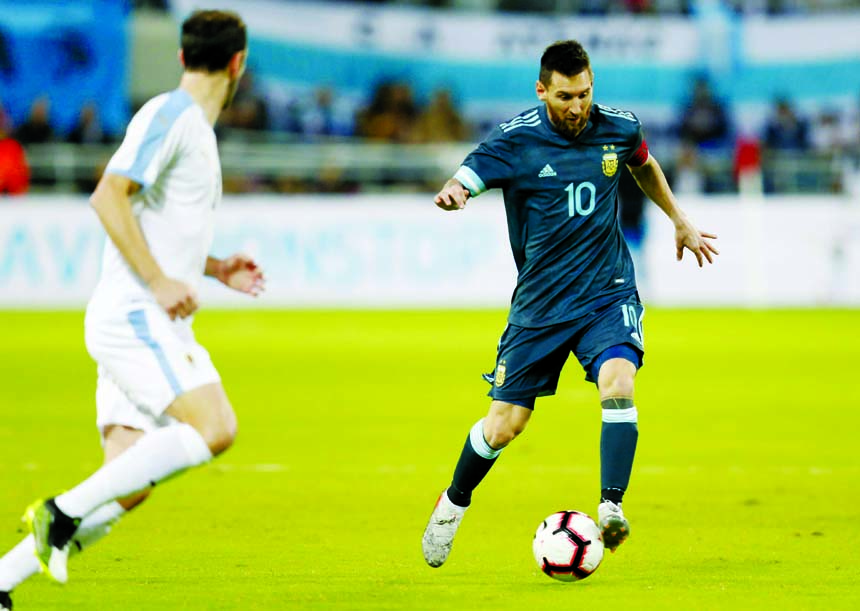 Argentina's Lionel Messi in action during the international friendly soccer match between Argentina and Uruguay in Tel Aviv, Israel on Monday.