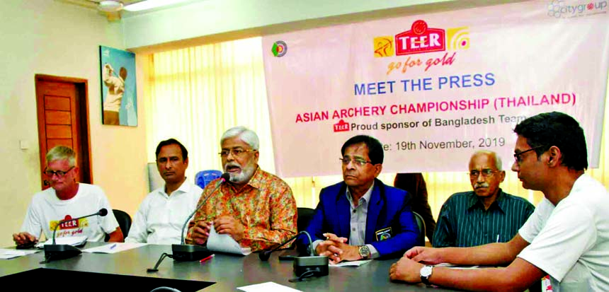 General Secretary of Bangladesh Archery Federation Kazi Rajib Uddin Ahmed Chapol addressing a press conference at the conference room in National Sports Council Tower on Tuesday.