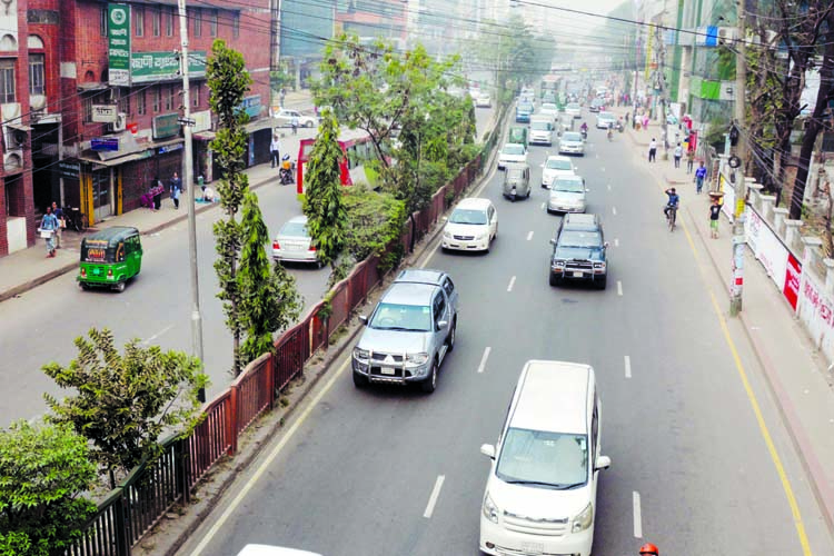 Sparse presence of vehicles on the city streets after implementation of new road law. The snap was taken from the cityâ€™s Sobhanbag (Mirpur Road) on Tuesday.
