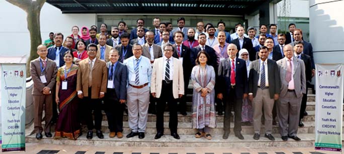 Participants of a workshop on Consortium for Youth work in Commonwealth Higher Education are in a photo pose at BRAC CDM Gazipur along with the Vice Chancellor of Bangladesh Open University (BOU) Prof Dr MA Mannan and high officials of the university on W