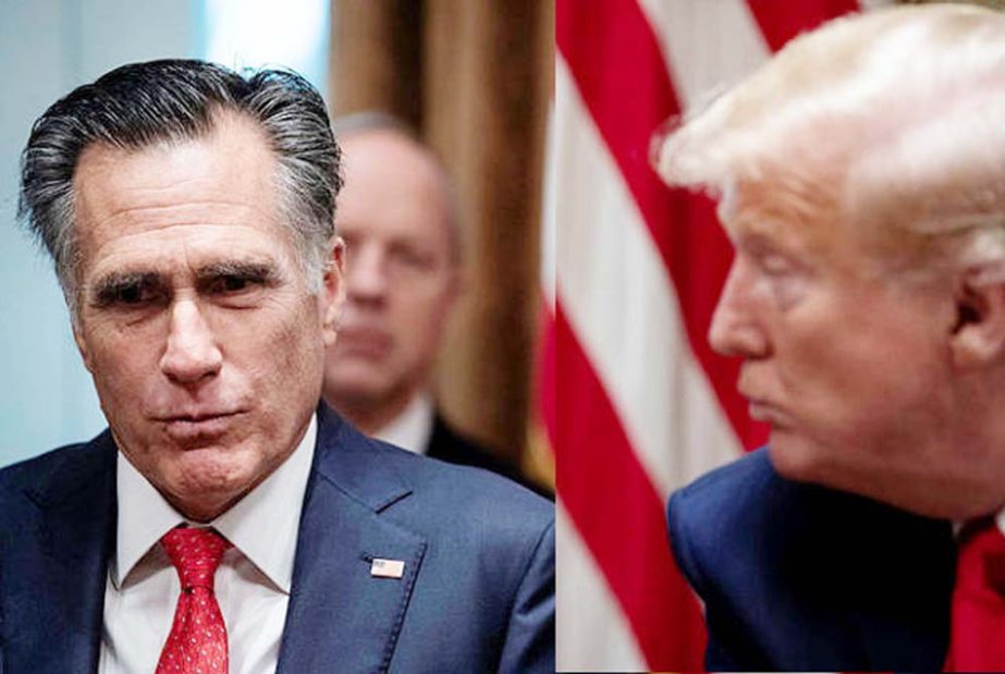 Senator Mitt Romney (R-Utah) speaks as US President Donald Trump looks on during a listening session on youth vaping and the electronic cigarette epidemic in the cabinet room at the White House on Friday.