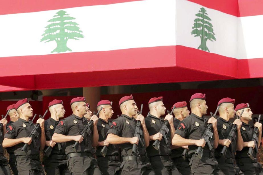 Lebanese marine special forces soldiers march during a military parade to mark the 76th anniversary of Lebanon's independence from France at the Lebanese Defense Ministry, in Yarzeh near Beirut, Lebanon on Friday.