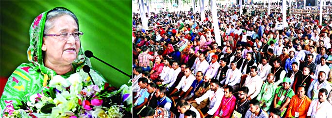 Prime Minister Sheikh Hasina addressing the 7th national congress of the Bangladesh Awami Jubo League, the youth front of Bangladesh Awami League at the historic Suhrawardy Udyan in Dhaka on Saturday.