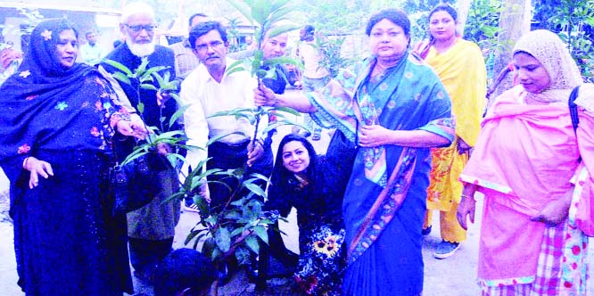 RANGPUR: Leaders of Rangpur Unit of Bangladesh Mahila Parishad, Manobadhikar and Poribesh Andolan Bangladesh planting saplings at Dharmodas Kuthirpara Government Primary School on Saturday.