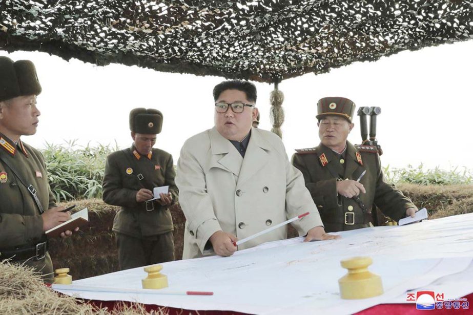 North Korean leader Kim Jong Un, center, inspects a military unit on Changrin Islet in North Korea. Independent journalists were not given access to cover the event depicted in this image distributed by the North Korean government. AP file photo