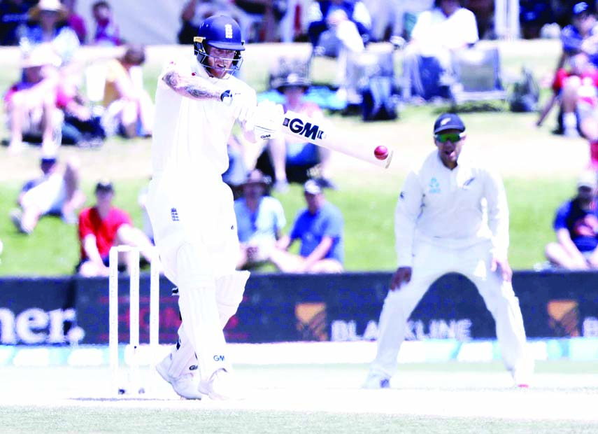 England's Ben Stokes bats during play on the final day of the first cricket test between England and New Zealand at Bay Oval in Mount Maunganui, New Zealand on Monday.