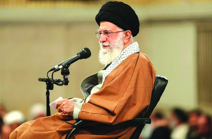 Iran's supreme leader Ayatollah Ali Khamenei addresses members of the Basij, a militia loyal to the Islamic republic's establishment.