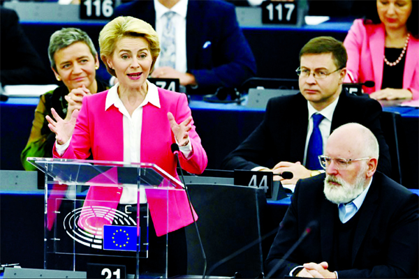Ursula von der Leyen, new European Commission President, addressing at the European Parliament in Strasbourg, France on Wednesday.