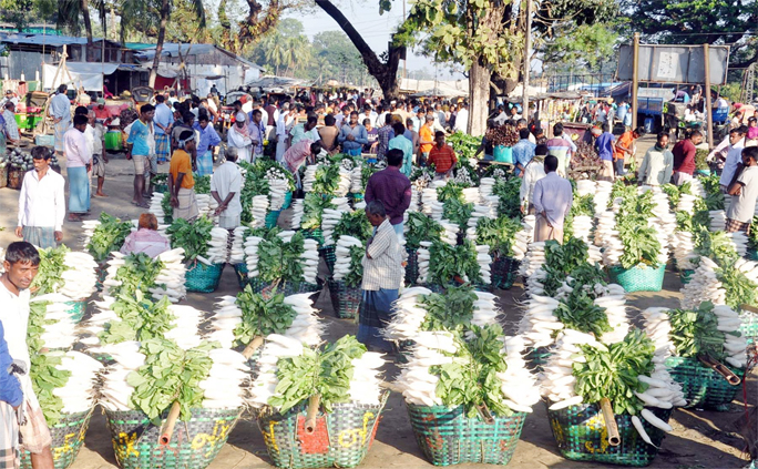 Buyers and traders crowded a wholesale winter vegetable market at Dohazari Upazila on Wednesday.