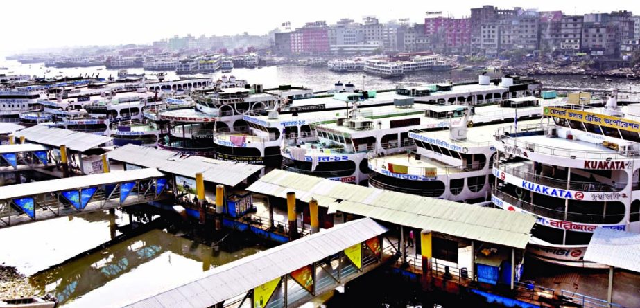 All types of vessels remained halted on 33 routes as water transport workers again go on indefinite strike for 3rd time from Friday to press home their 11-pt demand. This photo was taken from Sadarghat terminal on Saturday.