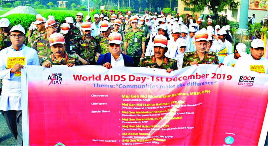 A colourful rally led by DGMS Major General Md Fashiur Rahman was brought out on the occasion of World AIDS Day at AFMC campus yesterday. Photo : ISPR