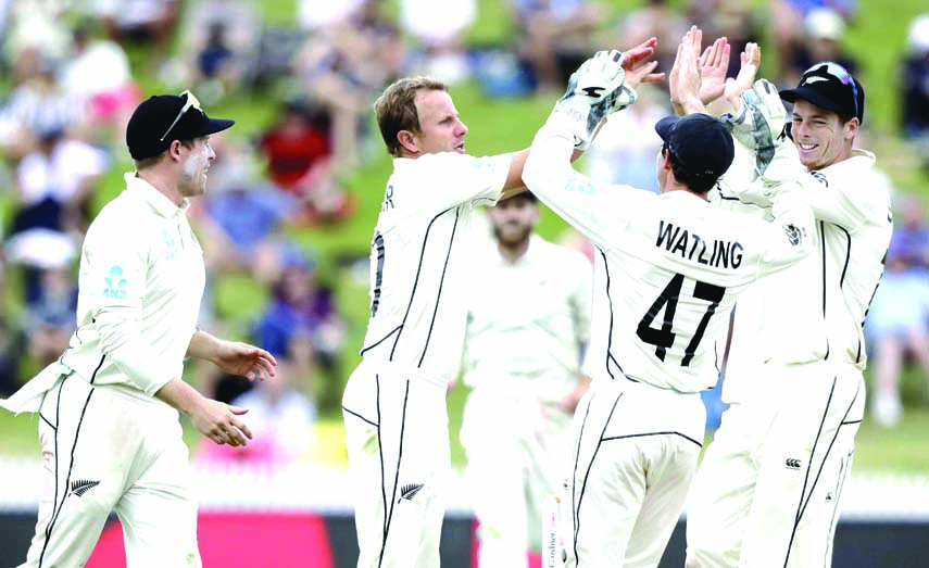 New Zealand's Neil Wagner (second from left) is congratulated by teammates after dismissing England's Zak Crawley during play on day three of the second cricket Test between England and New Zealand at Seddon Park in Hamilton, New Zealand on Sunday.