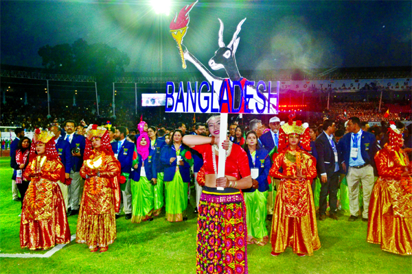 Bangladesh Contingent taking part at the march past in the 13th South Asian Games on the opening day at Kathmandu, the capital city of Nepal on Sunday.