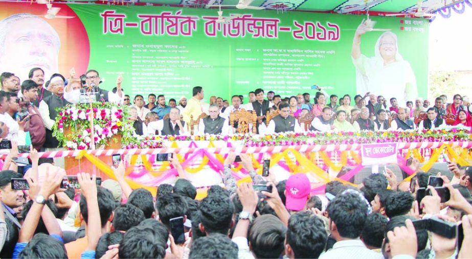 PATUAKHALI: Road Transport and Bridges Minister and General Secretary of Awami League Obaidul Quader MP addressing the Tri- annual Conference of Patuakhali District Awami League as Chief Guest on Monday.