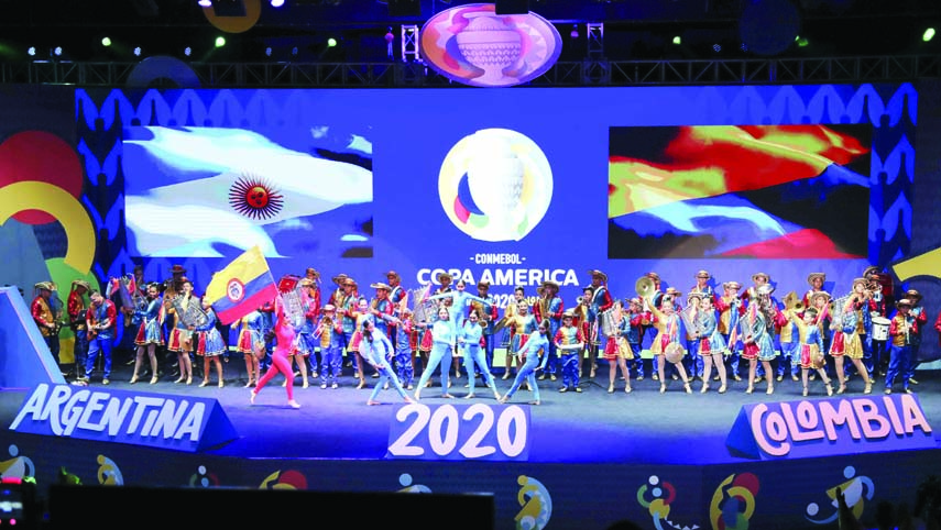 Performers dance during the draw for the 2020 Copa America soccer tournament in Cartagena, Colombia on Tuesday. The continental championship will be held in Colombia and Argentina from June 12 to July 12 next year.