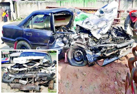 A microbus and a private car collided head on at Shibpur in Narshingdi on Wednesday, leaving one dead and four injured.