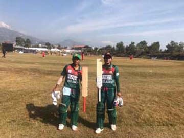 Fargana Hoque and Nigar Sultana of Bangladesh women's cricket team, celebrating their centuries during the T20 Cricket Competition of the 13th South Asian Games between Bangladesh women's cricket team and Maldives women's cricket team at Pokhara St