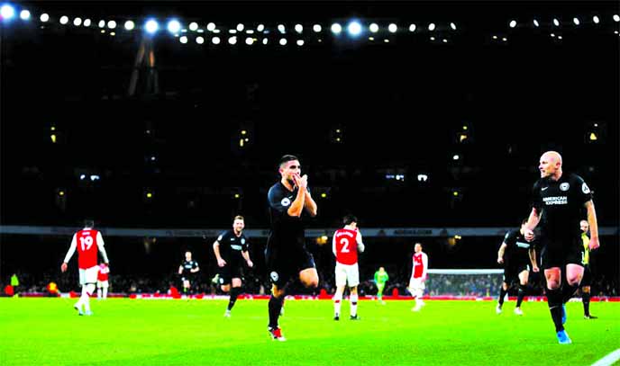 Brighton's Neal Maupay celebrates scoring their second goal against Arsenal at Emirates Stadium in London on Thursday.