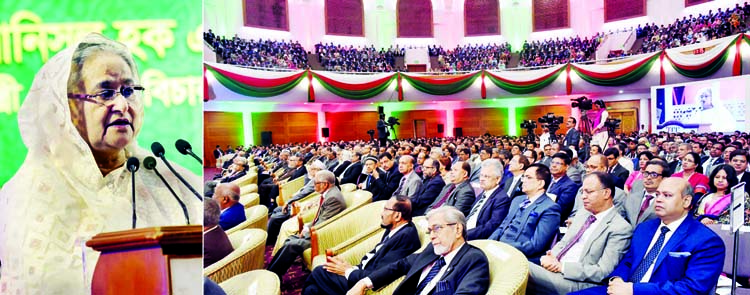 Prime Minister Sheikh Hasina speaking at the inaugural ceremony of the National Judicial Conference-2019 organised by the Supreme Court at Bangabandhu International Conference Center in the city on Saturday. BSS photo