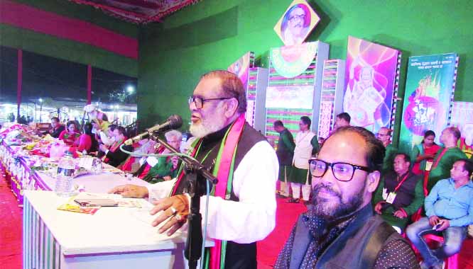 GAZIPUR: Liberation War Affairs Minister AKM Mozammel Haque MP addressing the inaugural programme of Bijoy Mela at Rajbari organised by Sammilito Sanskritik Jote on Saturday.