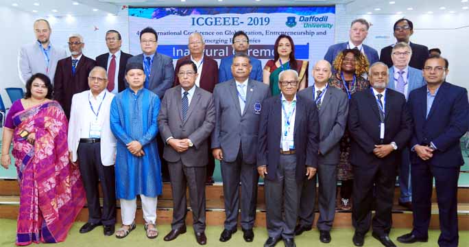 A view of the inaugural ceremony of '4th International Conference on Globalization, Entrepreneurship and Emerging Economies' began at Daffodil International University on Sunday.