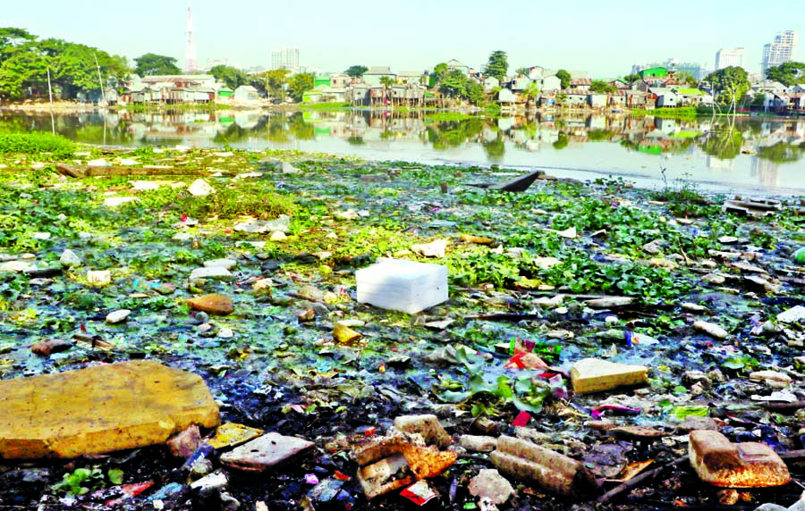 Locals and visitors regularly dumping waste at Gulshan lake area polluting water as well as degrading environment, despite DNCC's continuous cleanliness drive. This photo was taken on Monday.