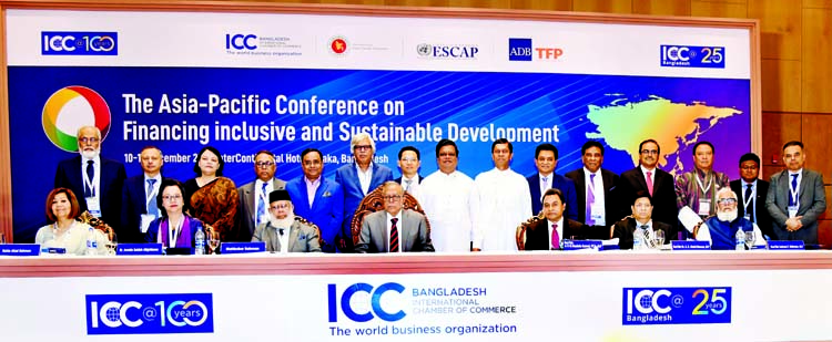 President M. Abdul Hamid poses for a photo session with the participants of The Asia-Pacific Conference on Financing Inclusive and Sustainable Development at Intercontinental Hotel in the city on Tuesday. Press Wing, Bangabhaban photo