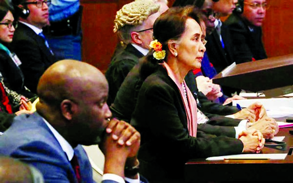 Gambia's Justice Minister Abubacarr Tambadou and Myanmar's leader Aung San Suu Kyi attend the hearing at the International Court of Justice (ICJ) in The Hague, Netherlands on Tuesday.