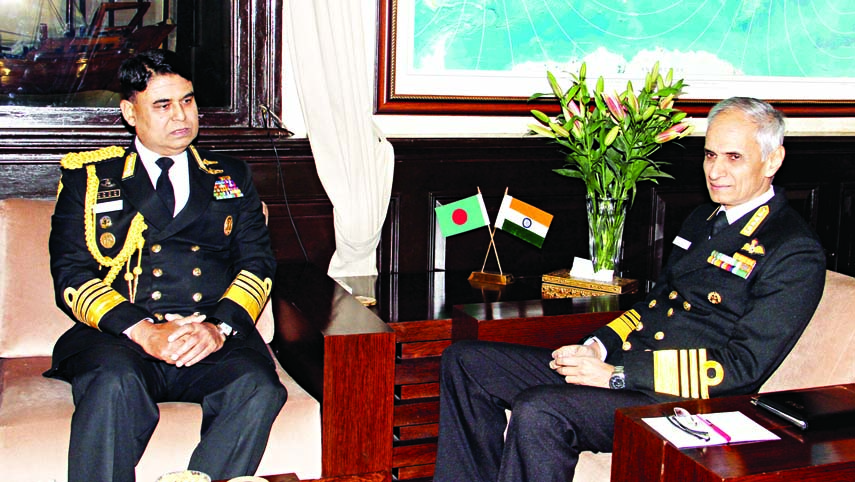 Navy Chief Admiral Aurangjeb Chowdhury paid a courtesy call on Indian Navy Chief Admiral Karambir Singh at the Indian Navy Headquarters in New Delhi on Tuesday. ISPR photo